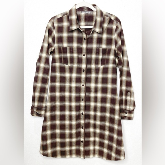 Horny Toad Brown Plaid Flannel Shirt Dress Tunic Organic Cotton Medium - Picture 1 of 8